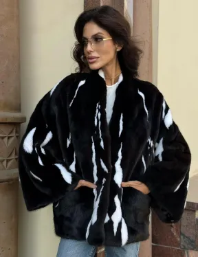 Черный норковый полушубок с рисунком