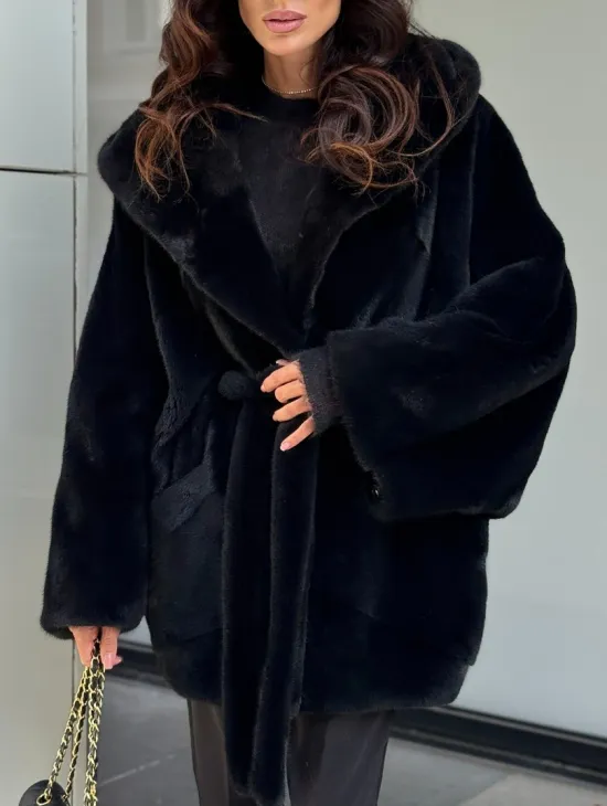 Пончо из норки с капюшоном кобра -темно синий