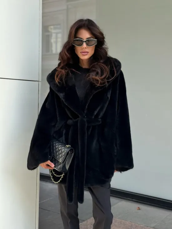 Пончо из норки с капюшоном кобра -темно синий