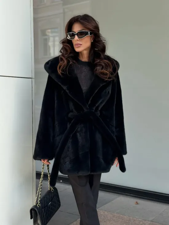 Пончо из норки с капюшоном кобра -темно синий