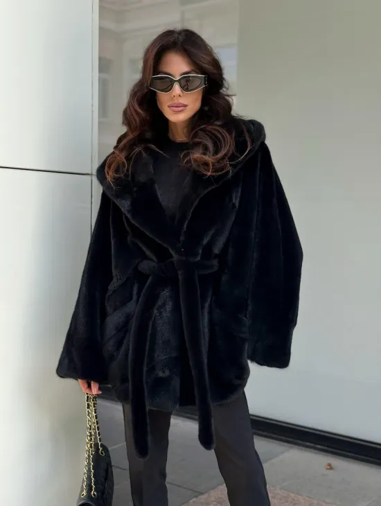 Пончо из норки с капюшоном кобра -темно синий