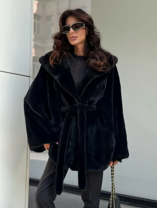 Пончо из норки с капюшоном кобра -темно синий