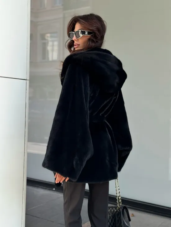 Пончо из норки с капюшоном кобра -темно синий