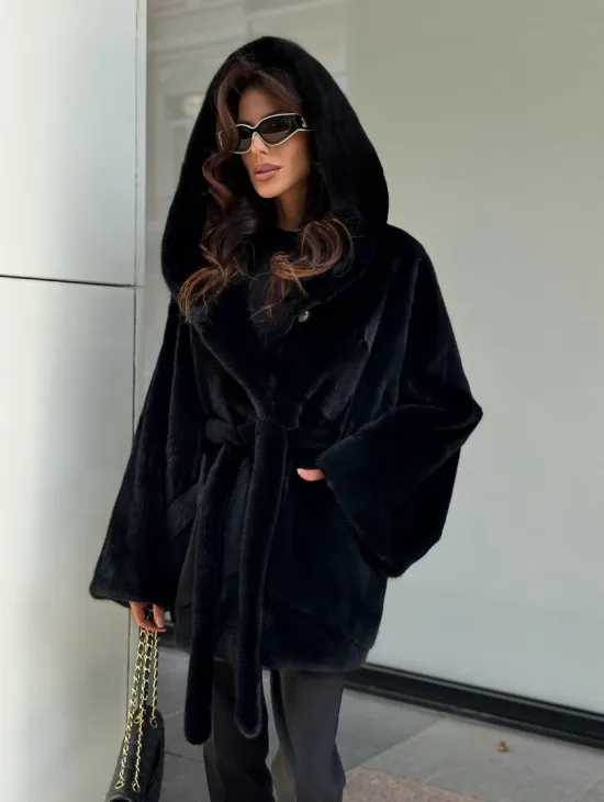 Пончо из норки с капюшоном кобра -темно синий