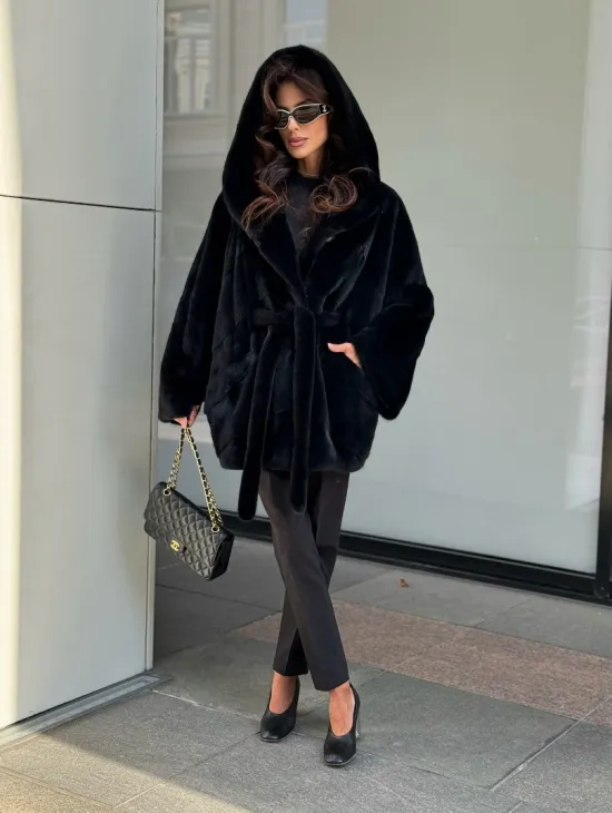 Пончо из норки с капюшоном кобра -темно синий