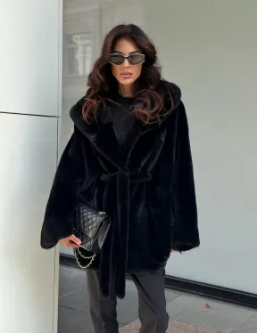Пончо из норки с капюшоном кобра - черно-синий