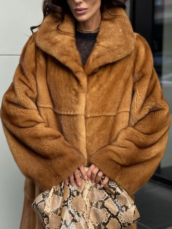 Золотистая норковая шуба с воротником апаш - New 2026