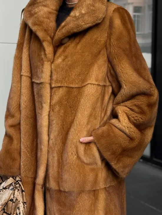 Золотистая норковая шуба с воротником апаш - New 2026