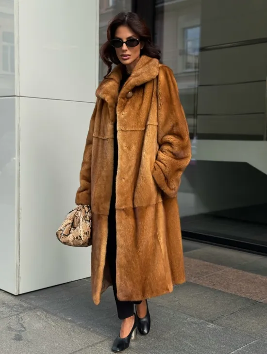 Золотистая норковая шуба с воротником апаш - New 2026