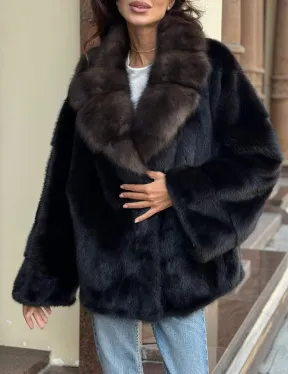 Короткая норковая шуба махагон с воротником из куницы