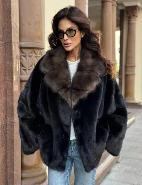 Короткая норковая шуба махагон с воротником из куницы