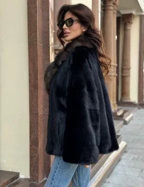 Короткая норковая шуба махагон с воротником из куницы