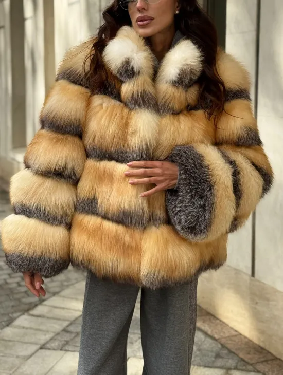 Полушубок из меха лисы Golden-grey fox стойка воротник