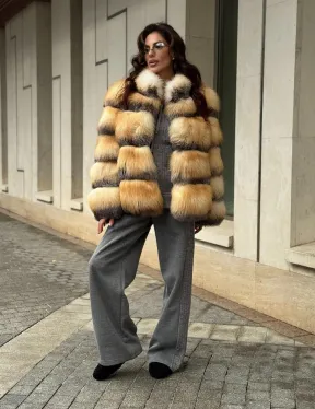 Полушубок из меха лисы Golden-grey fox стойка воротник