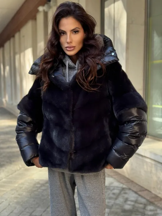 Женская меховая норковая куртка -темный графит