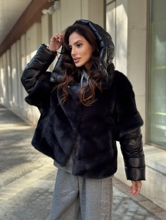 Женская меховая норковая куртка -темный графит
