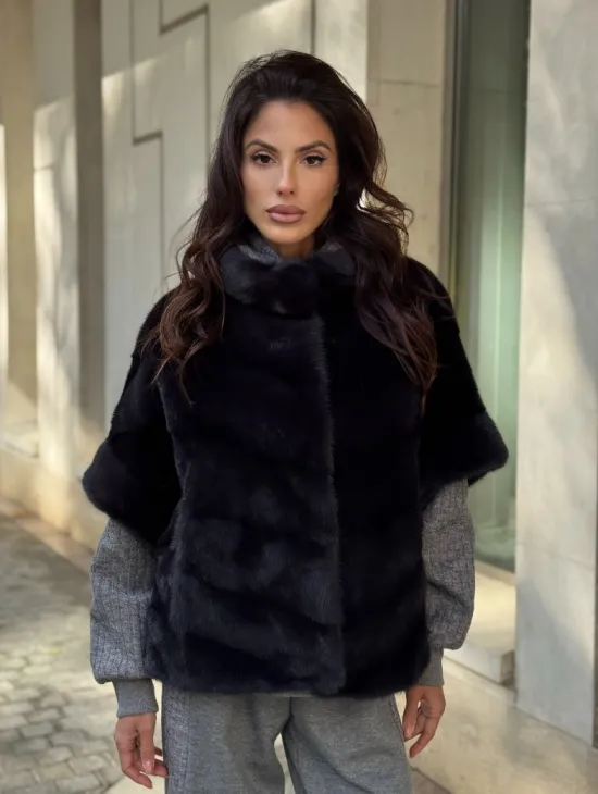 Женская меховая норковая куртка -темный графит