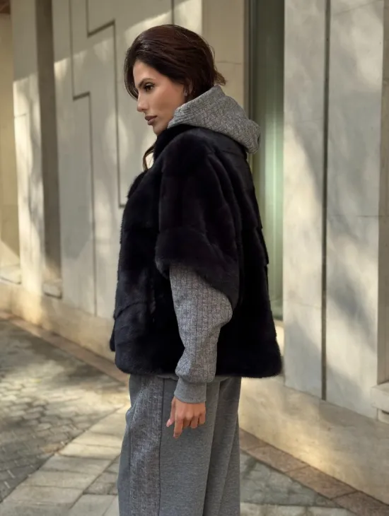 Женская меховая норковая куртка -темный графит