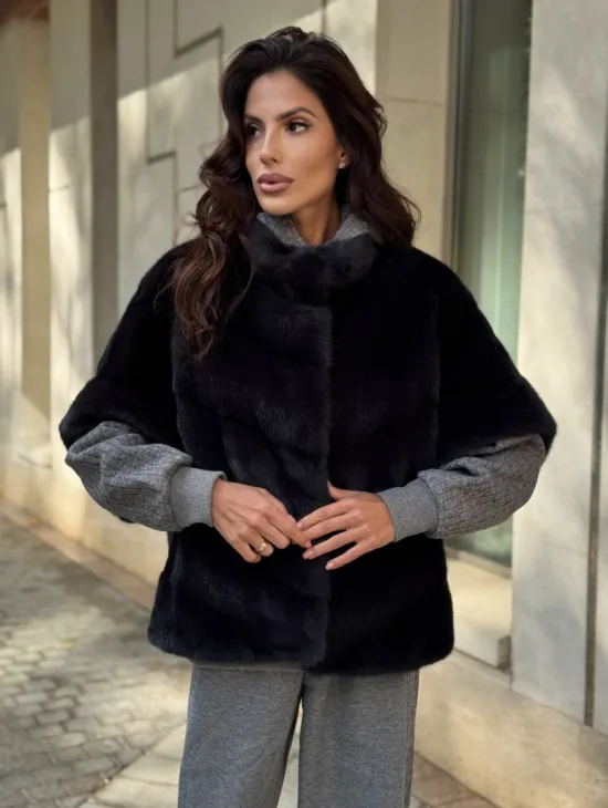 Женская меховая норковая куртка -темный графит