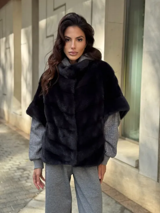 Женская меховая норковая куртка -темный графит