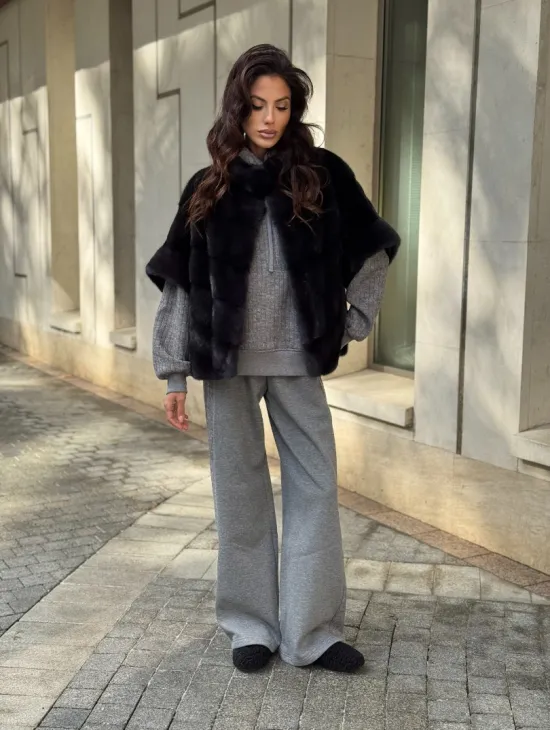 Женская меховая норковая куртка -темный графит