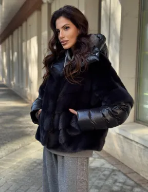 Женская меховая норковая куртка -темный графит