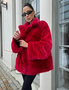 Полушубок норковый в гранатовом оттенке