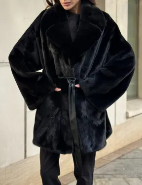 Полушубок из норки с английским воротником - черный