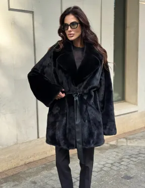 Полушубок из норки с английским воротником - черный