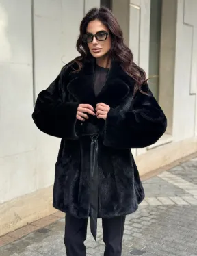 Полушубок из норки с английским воротником - черный