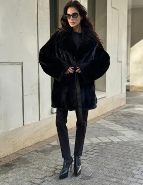 Полушубок из норки с английским воротником - черный