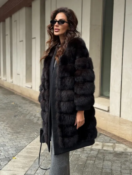 Пальто из куницы с отделкой кашемира
