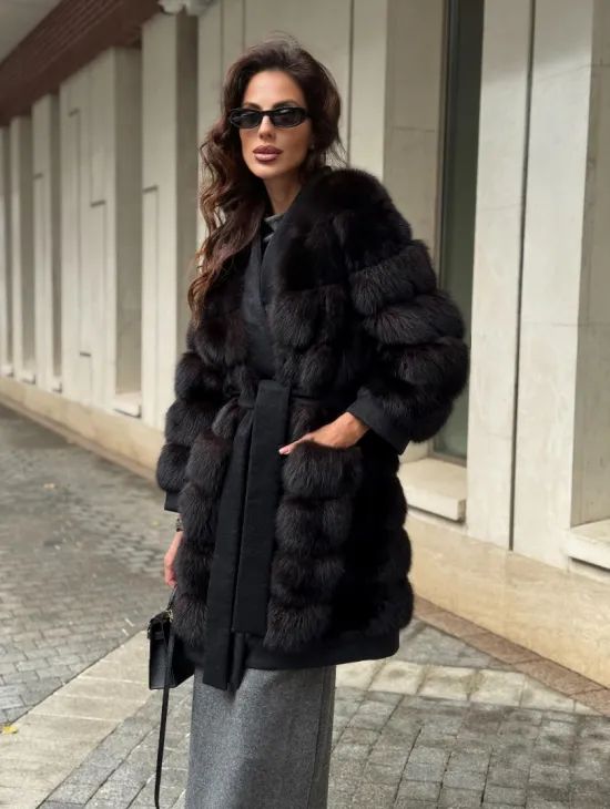 Пальто из куницы с отделкой кашемира