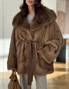 Шуба норковая бежевая с капюшоном