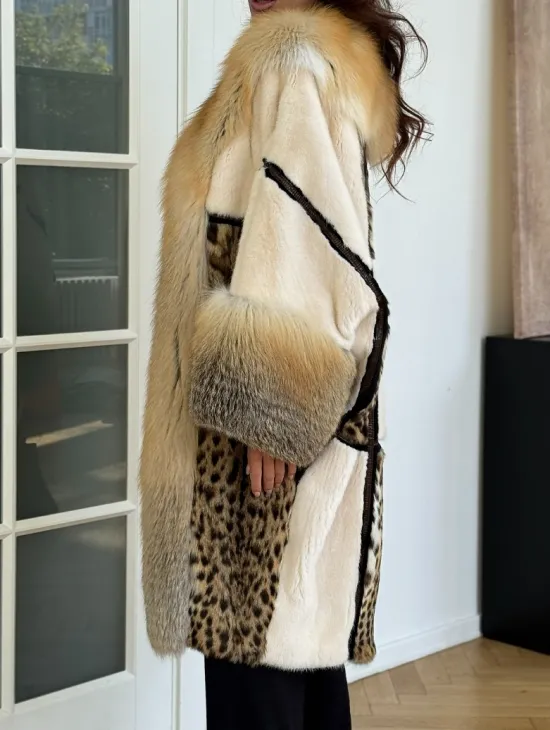 Комбинированная норковая шуба с мехом лисы - белый