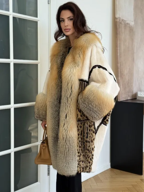Комбинированная норковая шуба с мехом лисы - белый