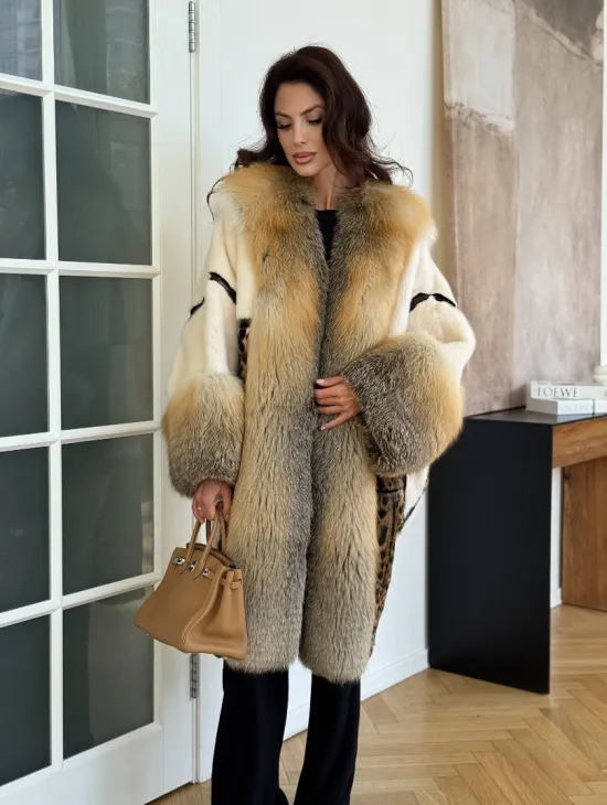 Комбинированная норковая шуба с мехом лисы - белый