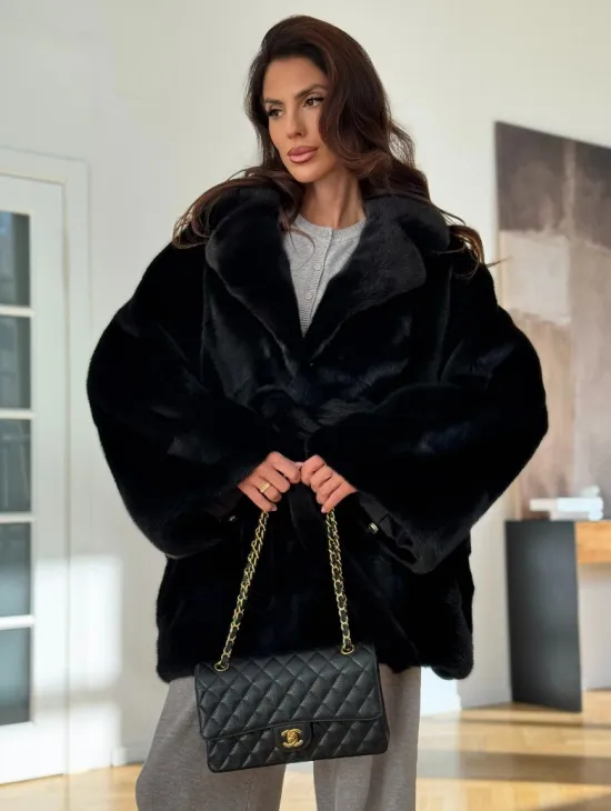 Шуба кимоно из норки - черная