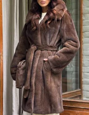 Норковая шуба с капюшоном - цвет орех