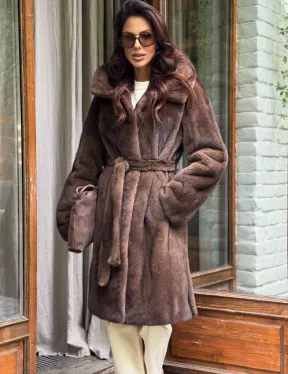 Норковая шуба с капюшоном - цвет орех