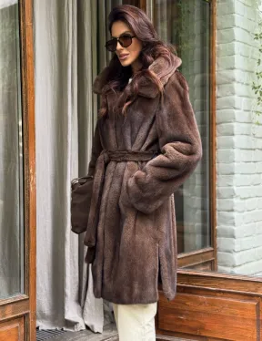 Норковая шуба с капюшоном - цвет орех