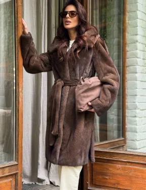 Норковая шуба с капюшоном - цвет орех