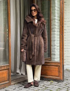 Норковая шуба с капюшоном - цвет орех