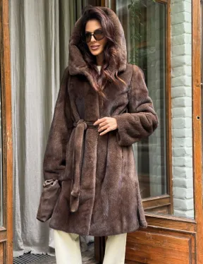 Норковая шуба с капюшоном - цвет орех