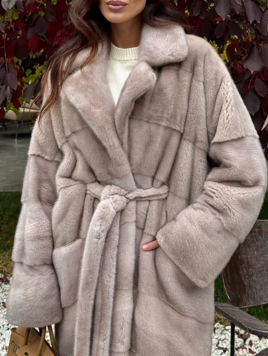 Длинная норковая шуба с поясом