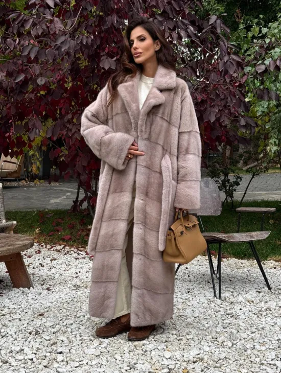 Длинная норковая шуба с поясом