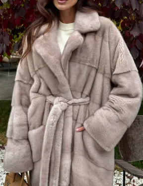 Длинная норковая шуба с поясом