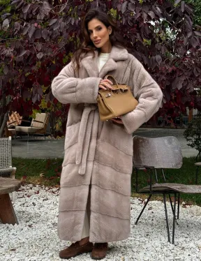 Длинная норковая шуба с поясом