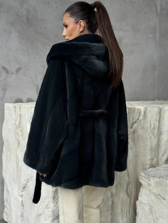 Шуба норковая летучая мышь с капюшоном