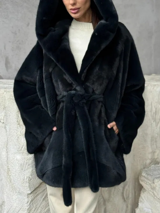 Шуба норковая летучая мышь с капюшоном